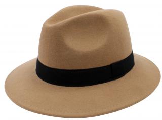 Béžový klobouk plstěný s kašmírem - béžový s černou stuhou - klopená krempa Velikost: 57 cm (M)