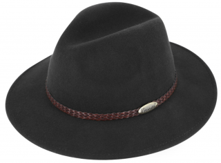 Černý klobouk fedora plstěný - černý s koženým pleteným páskem - Fiebig Velikost: 56 cm