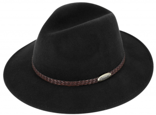 Černý klobouk fedora plstěný s koženým pleteným páskem - Fiebig Velikost: 55 cm  (S)