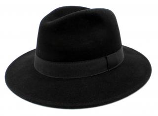 Černý klobouk plstěný s kašmírem - černý s černou stuhou - klopená krempa Velikost: 55 cm  (S)