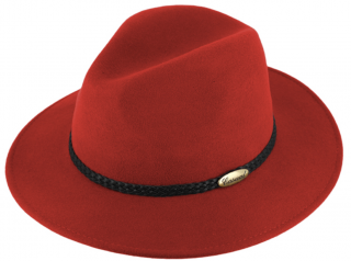 Červený klobouk fedora plstěný - červený s koženým pleteným páskem - Fiebig Velikost: 55 cm  (S)