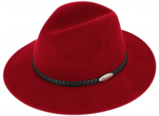 Červený klobouk fedora plstěný - červený s koženým pleteným páskem - Fiebig Velikost: 57 cm (M)