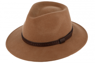 Cestovní klobouk vlněný od Fiebig - béžový s koženou stuhou - širák Velikost: 54 cm