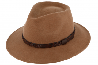 Cestovní klobouk vlněný od Fiebig - béžový s koženou stuhou - širák Velikost: 61 cm (XL)