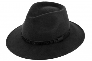 Cestovní klobouk vlněný od Fiebig - černý s koženou stuhou - širák Velikost: 54 cm