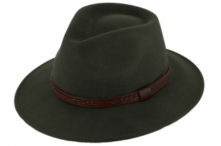Cestovní klobouk vlněný od Fiebig - zelený s koženou stuhou - širák Velikost: 61 cm (XL)