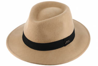 Cestovní nemačkavý klobouk vlněný od Fiebig - béžový s černou  stuhou Velikost: 56 cm