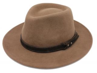 Cestovní voděodolný klobouk vlněný od Fiebig - béžový s koženou stuhou - širák Velikost: 55 cm  (S)