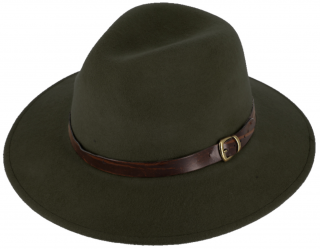 Cestovní zelený nepromokavý, nemačkavý klobouk vlněný od Fiebig - Indiana Jones Velikost: 59 cm (L)