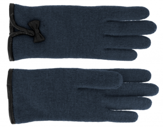 Dámské modré pletené rukavice s koženou mašličkou-  Fiebig Velikost Rukavice: 6,5