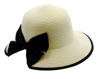 Dámský béžový letní klobouk Cloche - zkrácená krempa vzadu a černá mašle Velikost: Unisize (S-XL)