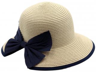 Dámský béžový letní klobouk Cloche - zkrácená krempa vzadu a modrá mašle Velikost: Unisize (S-XL)