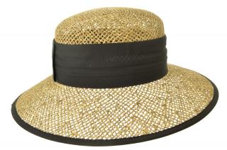 Dámský béžový letní slaměný (mořská tráva) klobouk s černou stuhou - Seeberger since 1890 Velikost: 57 cm (M)