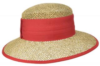 Dámský béžový letní slaměný (mořská tráva) klobouk s červenou stuhou - Seeberger since 1890 Velikost: 57 cm (M)