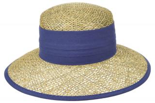 Dámský béžový letní slaměný (mořská tráva) klobouk s modrou stuhou - Seeberger since 1890 Velikost: 55 cm  (S)