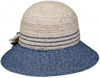 Dámský letní slaměný klobouk Cloche zdobený mašlí - dvoubarevný modrobéžový Velikost: 57 cm