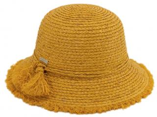 Dámský letní žlutý klobouček Cloche s malou krempou a s třásněmi   - Cloche raffia Velikost: 59 cm (L)