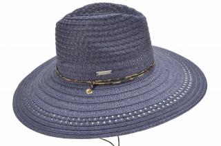 Dámský modrý letní Fedora klobouk se šňůrkou pod bradu - Seeberger Velikost: 57 cm (M)