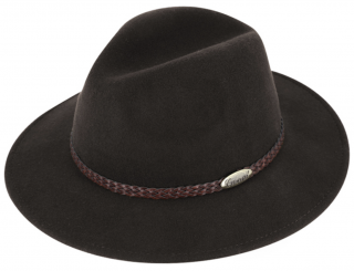 Hnědý klobouk fedora plstěný s koženým pleteným páskem - Fiebig Velikost: 61 cm (XL)