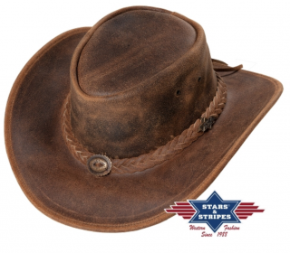 Kožený hnědý western klobouk - Stars and Stripes kožený klobouk Crazy Horse Velikost: 55 cm  (S)