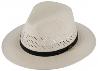 Letní béžový panamský klobouk Fedora - ručně pletený - s koženou stuhou Velikost: 55 cm  (S)