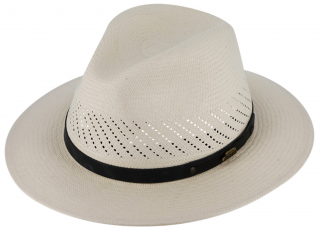 Letní béžový slaměný klobouk Fedora - ručně pletený - s koženou stuhou - Panamský golfový klobouk Velikost: 55 cm  (S)