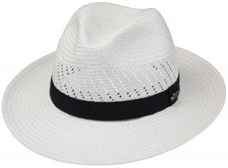 Letní bílý slaměný klobouk Fedora - ručně pletený - s černou stuhou - Ekvádorská panama Velikost: 55 cm  (S)