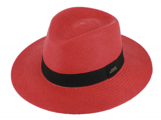 Letní červený panamský klobouk Fedora - ručně pletený Velikost: 59 cm (L)