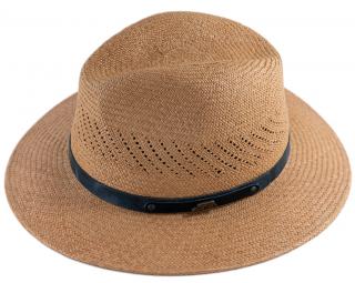 Letní cognac slaměný klobouk Fedora - ručně pletený - s koženou stuhou - Ekvádorská panama Velikost: 57 cm (M)