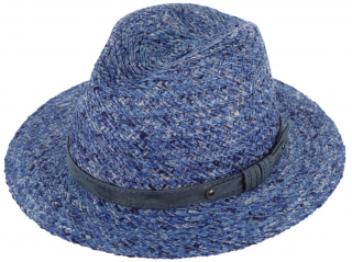 Letní nemačkavý modrý fedora klobouk od Fiebig - Traveller Raffia Velikost: 55 cm  (S)