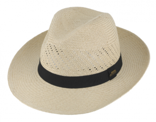 Letní panamký klobouk Fedora - ručně pletený - Natur s černou stuhou Velikost: 61 cm (XL)