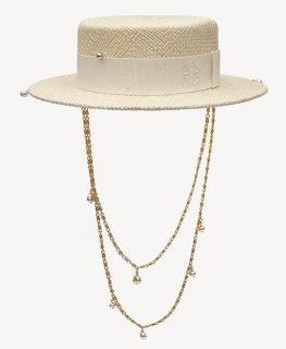 Letní slaměný boater klobouk Ruslan Baginskiy - panamský klobouk - Double Chain Strap Straw Boater Hat Velikost: 57 cm (M)