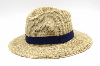 Letní slaměný cestovní klobouk Fedora s modrou stuhou - Marone Roma Velikost: 57 cm (M)