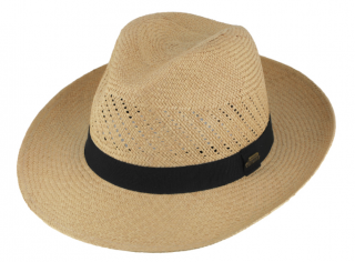 Letní slaměný klobouk Fedora - ručně pletený -  koňak s černou stuhou - Ekvádorská panama Velikost: 59 cm (L)