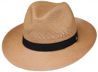 Letní slaměný klobouk Fedora - ručně pletený - s černou stuhou - Ekvádorská panama Velikost: 55 cm  (S)