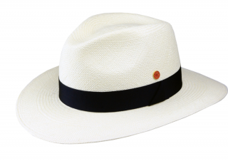 Luxusní bílý panamský klobouk Fedora s tmavěmodrou stuhou - Mayser Gedeon - UV faktor 80 Velikost: 55 cm  (S)