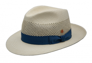 Luxusní  klobouk Fedora s modrou stuhou - ručně pletený, UV faktor 80 -  Ekvádorská panama - Mayser Imperia Velikost: 56 cm