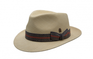 Luxusní panamský klobouk Fedora Bogart s marine stuhou - ručně pletený, UV faktor 80 - Pablito Velikost: 56 cm