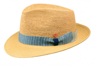 Luxusní  panamský klobouk Fedora Bogart s modrou stuhou - ručně pletený, UV faktor 80 -  Ekvádorská crochet panama - Mayser Manuel Velikost: 59 cm (L)