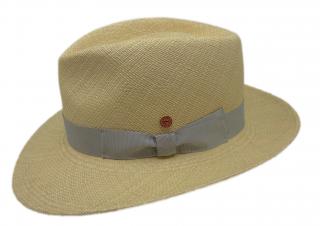 Luxusní  panamský klobouk Fedora Bogart s šedou stuhou - ručně pletený, UV faktor 80 -  Ekvádorská panama - Mayser Colmar Velikost: 56 cm