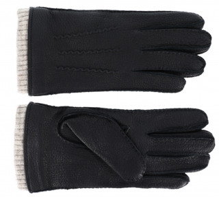 Pánské černé ručně šité kožené rukavice z jelení kůže -  vlněná podšívka - Fiebig Velikost Rukavice: 10 (XL)