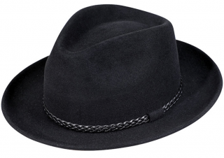 Plstěný černý klobouk Fedora - Fiebig - Traveller s koženou stuhou - Bestseller Velikost: 55 cm  (S)