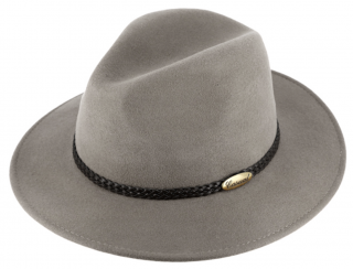 Šedý klobouk fedora plstěný s koženým pleteným páskem - Fiebig Velikost: 59 cm (L)