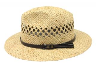 Slaměný klobouk  s hnědým koženým páskem - Fedora Velikost: 55 cm  (S)