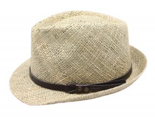 Slaměný klobouk z mořské trávy hustě pletený s koženou stuhou - Trilby Velikost: 55 cm  (S)