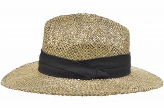 Slaměný klobouk z mořské trávy s černou stuhou - Fedora Velikost: 57 cm (M)