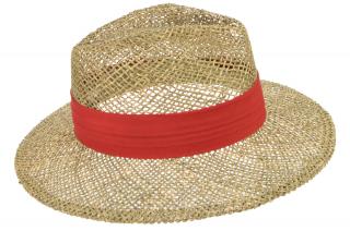Slaměný klobouk z mořské trávy s červenou stuhou - Fedora Velikost: 57 cm (M)
