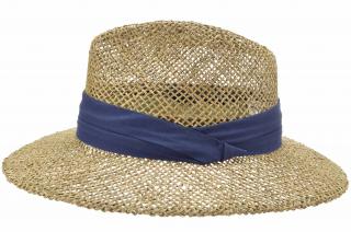 Slaměný klobouk z mořské trávy s modrou stuhou - Fedora Velikost: 57 cm (M)