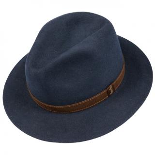 Unisex modrý klobouk Borsalino s hnědým koženým páskem Velikost: 57 cm (M)