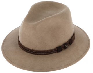 Zimní myslivecký klobouk od Fiebig - béžový s koženou stuhou a ozdobou ve tvaru loveckého psa Velikost: 55 cm  (S)